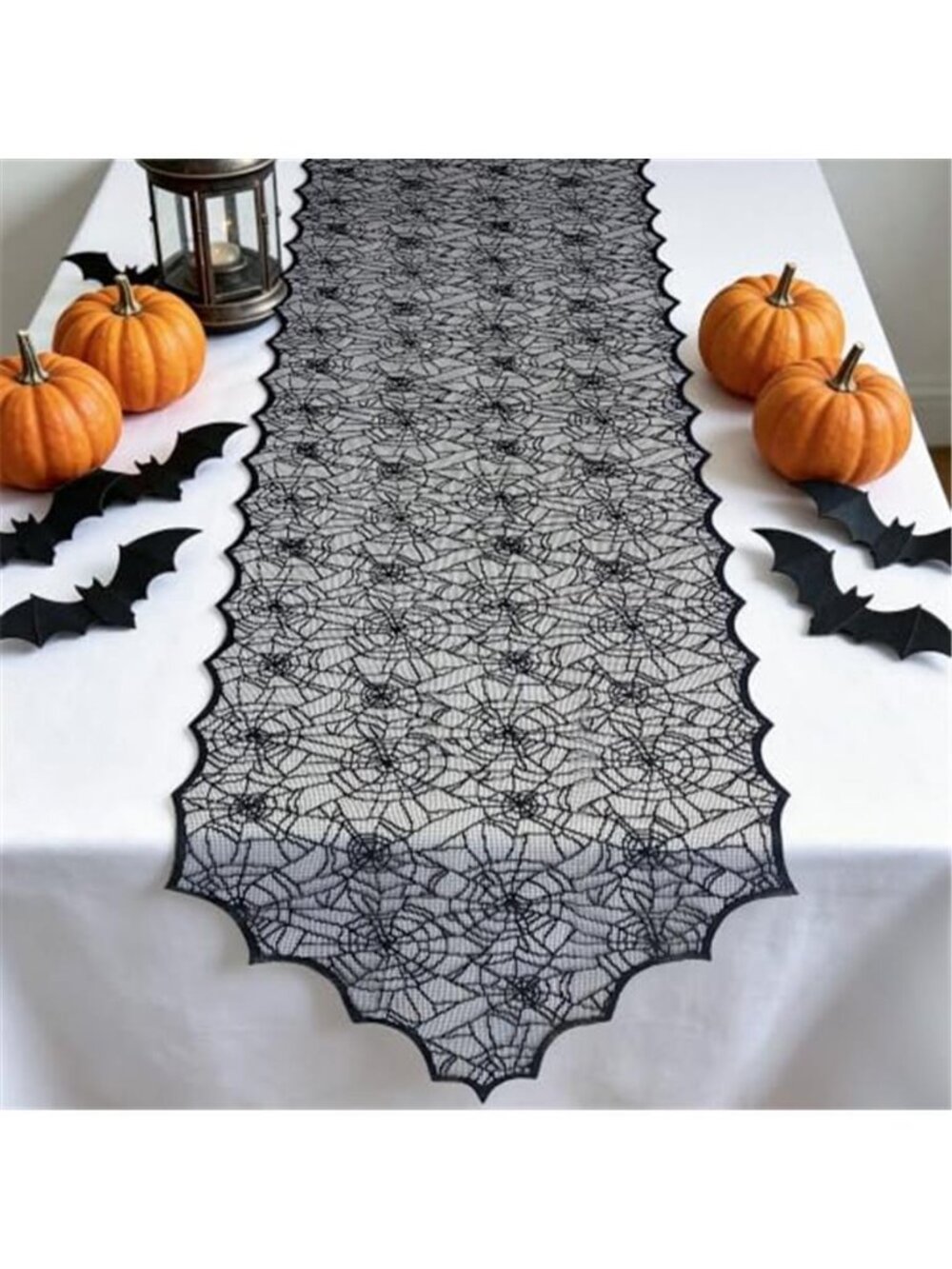 18 x 72 Inch Halloween Table Runner - 2 Pcs Black Lace Runner with Spider Web